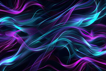 Dynamic neon waves with turquoise and violet glowing patterns. Captivating art on black background.