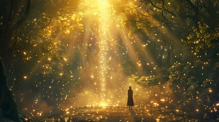 fantasy concept art of a woman standing in a lush magical forest - obrazy, fototapety, plakaty