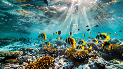 Beautiful underwater world with corals and colorful tropical fish.