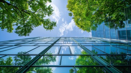 Looking up at a modern glass skyscraper with green trees reflecting in the windows