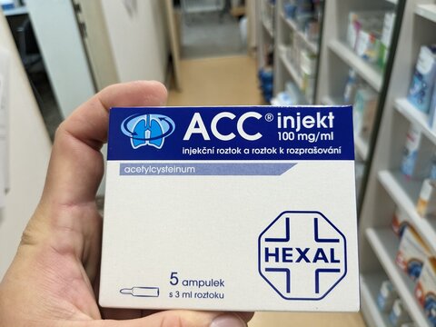 Prague,Czech republic-May 2 2024:ACC INJEKT injections  box with active substance acetylcystein made by pharmaceutical company HEXAL