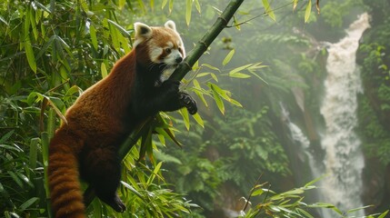 Playful Red Panda in Lush Forest Setting | Misty Waterfall Background