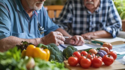 Photo of a senior man discussing his dietary needs with a nutritionist with a close up on their hands and the diet plan emphasizing personalized nutrition advice, Generative Ai