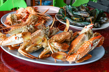 Steamed crabs in a restaurant. seafood