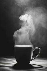 A black and white photo of steam rising from the top of an empty coffee mug, with soft lighting casting shadows on its surface 