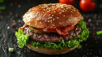 Close up of a hamburger with lettuce, tomato, and bacon