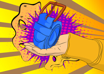 Cartoon, comic book human hands holding Men's Belts. Retro vector comics pop art design.
