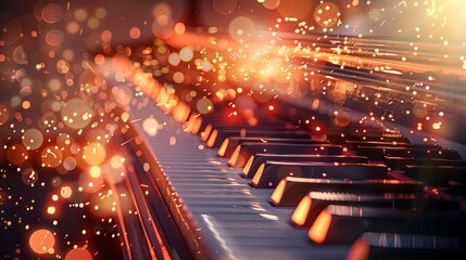 Piano keys with glowing orange blurry lights in the background. - obrazy, fototapety, plakaty