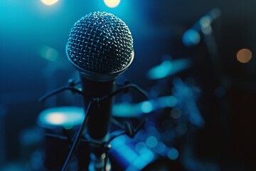 A closeup of an empty microphone on stage, with the background out of focus and dark blue The scene is illuminated by soft lighting that highlights the details of the stand mic - obrazy, fototapety, plakaty