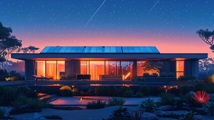 a futuristic smart home equipped with solar panels on the rooftop, emphasizing renewable energy concepts. Design a wide banner featuring the smart home with ample copy space area