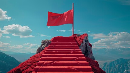 Red flag on the mountaintop - obrazy, fototapety, plakaty