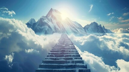 Stone steps lead up to a mountain peak with clouds and sun rays in the background sky at sunset. Beautiful landscape with road leads up to cross. Religion concept.Christianity background Concept 
