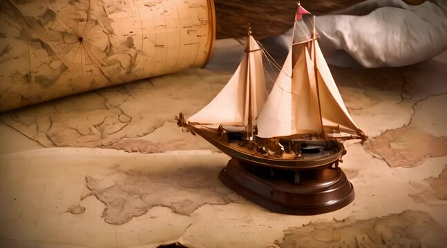 Old sailboat  compass and ancient map historical background.
