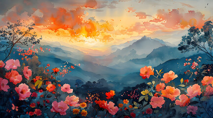 Cycle of Color: Panoramic Watercolor Showcase of Daytime's Dynamic Beauty