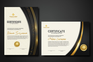 Luxury certificate template with glitter effect dan lines gold shine on frame background