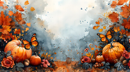 Fluttering Autumn: Watercolor Delight of Butterflies Amidst Seasonal Splendor
