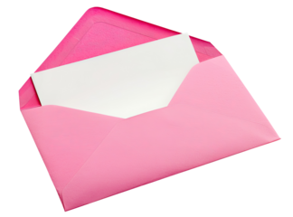 Pink envelope with blank white paper isolated on transparent background, top view