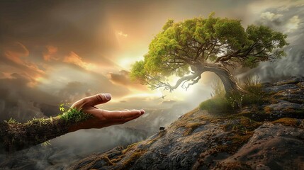 The hand of God reaches out from the clouds to touch a tree on a mountaintop. - obrazy, fototapety, plakaty