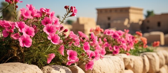 Pink flowers in a stone planter on a stone wall