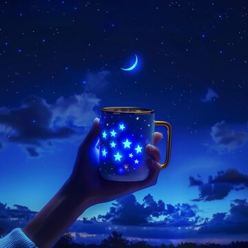 A hand holding a mug, with glowing blue stars inside the cup against a night sky background with a crescent moon