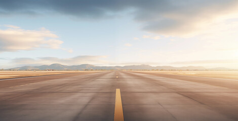 Runway. Large, open tarmac with yellow dashed lines at golden hour dusk with light overcast skies; aviation background
