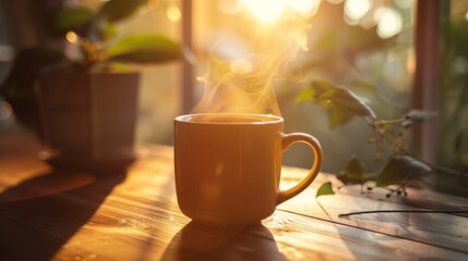 The warm glow of a cup of coffee in the morning is a beautiful sight. - obrazy, fototapety, plakaty