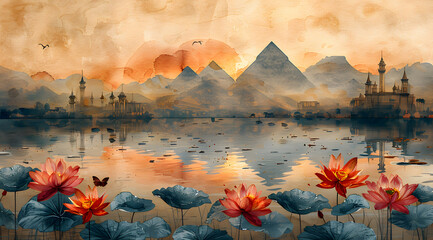 Egyptian Elegance: Watercolor Reverie of Butterflies Amidst Ancient Nile Majesty - obrazy, fototapety, plakaty