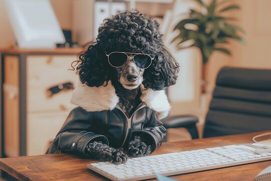 black poodle dressed in leather jacket with white fur collar and sunglasses standing behind keyboard