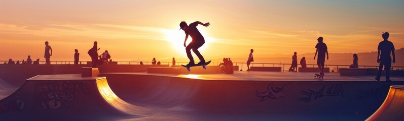 Skateboarder doing tricks at sunset on skate park with people watching. Banner