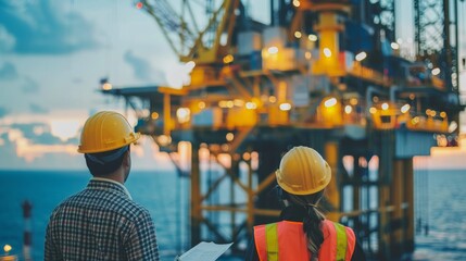 Two engineers in hard hats looking at an offshore oil rig.