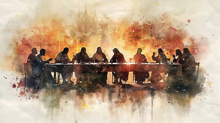 The Last Supper with Jesus and His disciples, depicted in warm watercolor tones to enhance the solemn atmosphere - 790527482