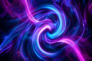 Luminous neon swirls in blue and purple creating a mesmerizing pattern. Art on black background.
