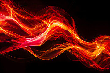 Bright neon waves with red and orange glowing effects. Abstract art on black background.