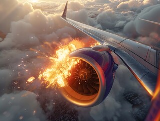 Closeup of Southwest 737800 Jet Engine Exploding at 35,000 in the cinematic , 3DCG