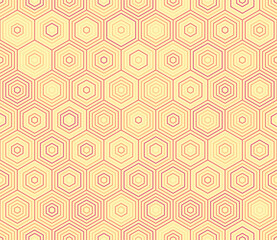 Geometric shapes background featuring simple stacked hexagons in a honeycomb pattern. Multiple tones color palette. Seamless and tileable vector illustration.