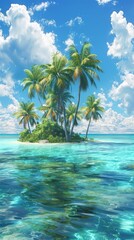 Tropical island with palm trees and blue water. Vertical background. 