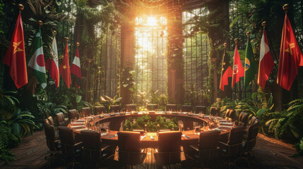 Environmental summit in a forest, with a table mimicking a leaf, where strategies to preserve trees are passionately discussed.