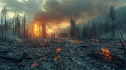 Scorched landscape with smoke rising, aftermath of slash-and-burn agriculture, highlighting environmental devastation