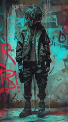 Obraz na płótnie Canvas Graffiti wall with a man in a black jacket and a black hat. Vertical background. 