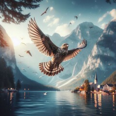 Obraz premium A colorful bird flew in the sky.