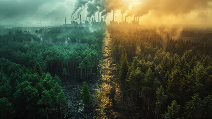 Stark aerial contrast between lush forest and deforested area with distant smokestacks, visually associating tree loss with climate change drivers - obrazy, fototapety, plakaty