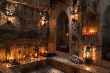 Candles are lit in a stone walled room with a stone bench. Hammam background.  - obrazy, fototapety, plakaty