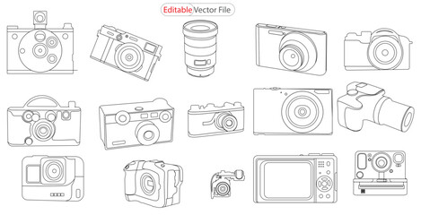 Vector linear camera. Photo artist hand drawing on black background. Continuous line art or One one-line drawing of a camera linear style and Hand drawn vector illustrations, A digital camera line art
