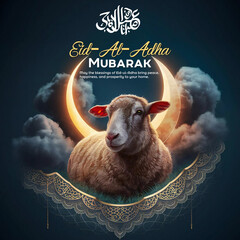 Eid Al Adha Mubarak for the celebration of the Muslim community festival Eid Al Adha. Greeting card with sacrificial sheep
