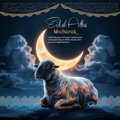 Eid Al Adha Mubarak for the celebration of the Muslim community festival Eid Al Adha. Greeting card with sacrificial sheep