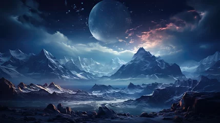  Fantasy landscape with mountains, moon and stars. Mountain panorama at night with lights and stars in the sky © WaniArt