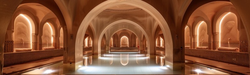 Long pool in a building with arches and benches. Hammam background . Banner