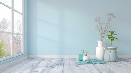 Fototapeta na wymiar Serene interiors with natural light and modern decor. Minimalist interior design composition in light blue and neutral colors.