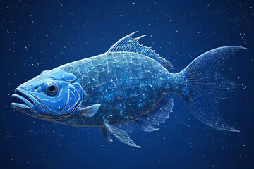 Blue cramp fish composed Wireframe light connection structure - obrazy, fototapety, plakaty