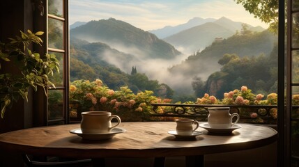 A cup of hot black coffee was placed on the table by the window and the front view was of mountains and beautiful morning mist.